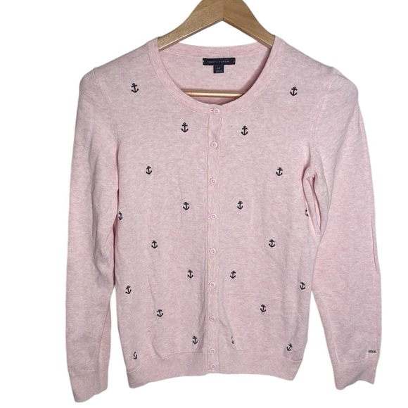 Tommy Hilfiger Light Pink Cardigan Navy Scattered Anchors print Size S - Picture 1 of 11